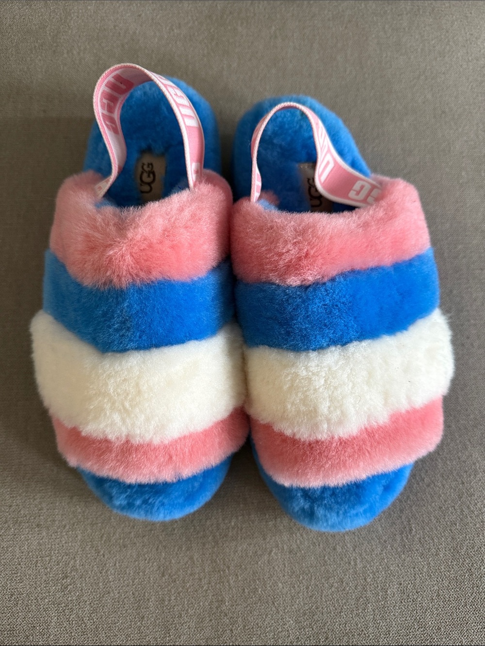 UGG Pink, Blue & White Fluff Slide Sandals